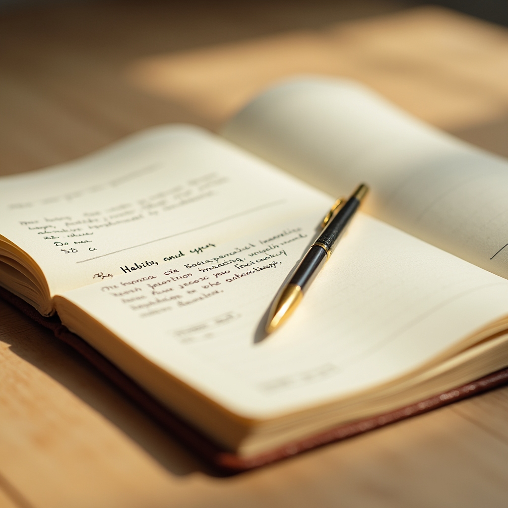 Open financial habit journal on a light wooden surface with a pen and warm morning light