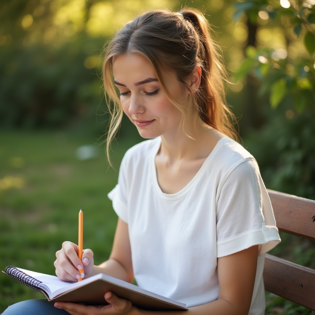 Young woman sitting outdoors reviewing a simple budget notebook with natural light