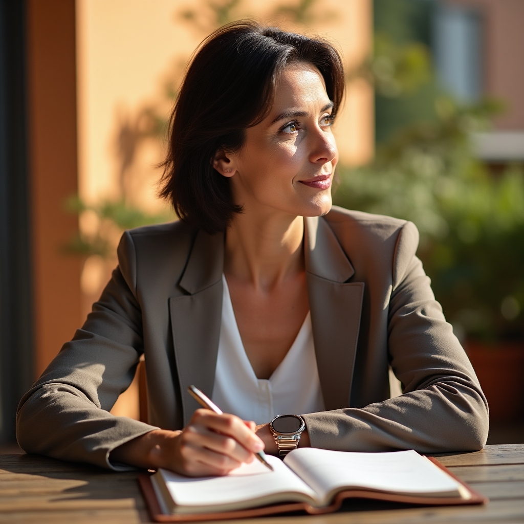 Woman in her 40s thoughtfully looking at financial planning notes on a sunlit outdoor terrace
