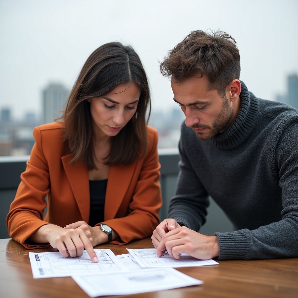 Diverse group of two adults discussing a financial worksheet on a rooftop workspace with city backdrop