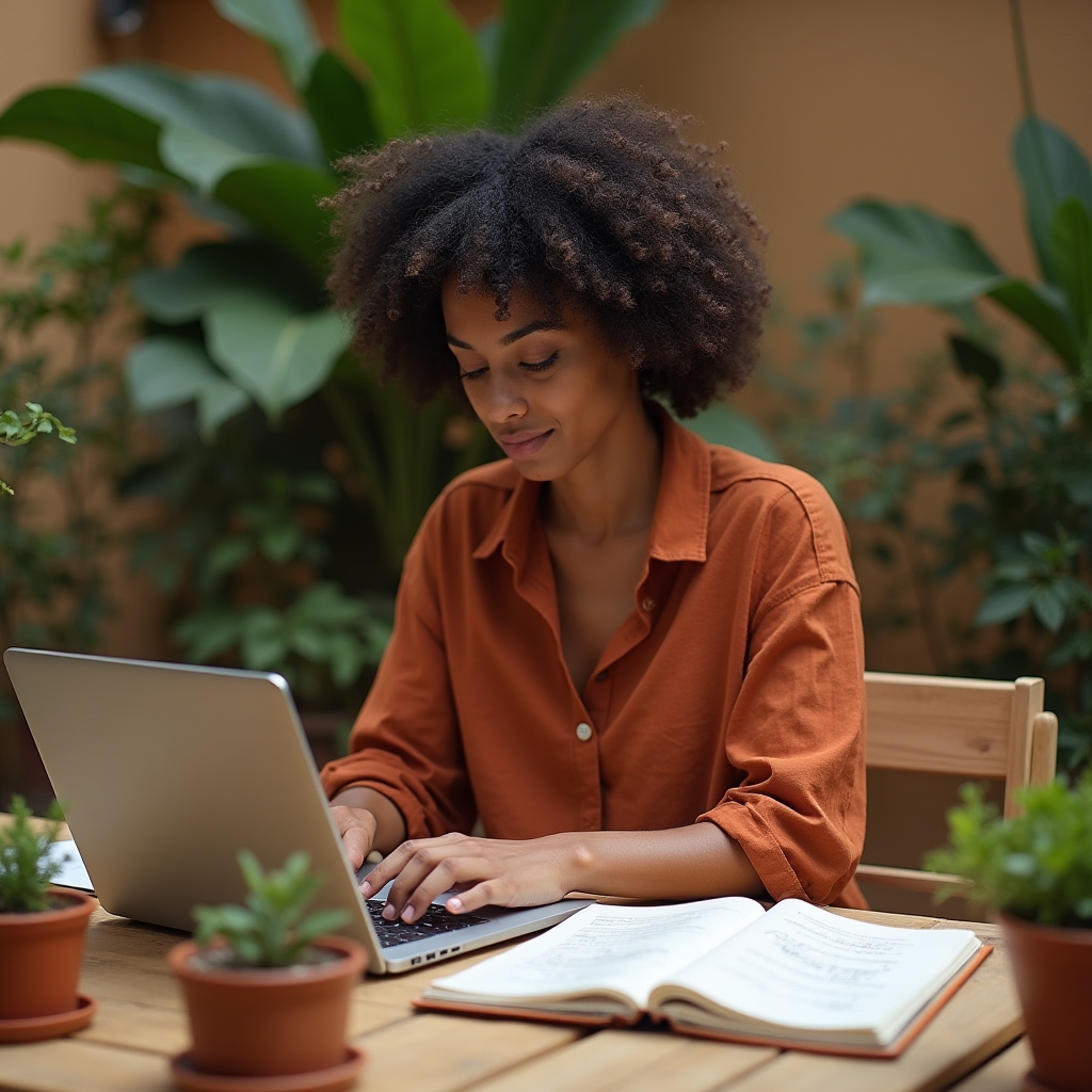 Designer working on lesson content at an outdoor workspace with plants and natural afternoon light