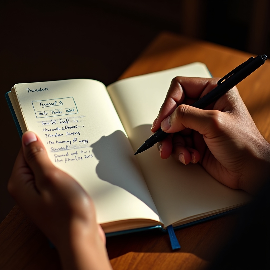 Close-up of hands holding a small notebook with handwritten daily financial notes, warm natural light