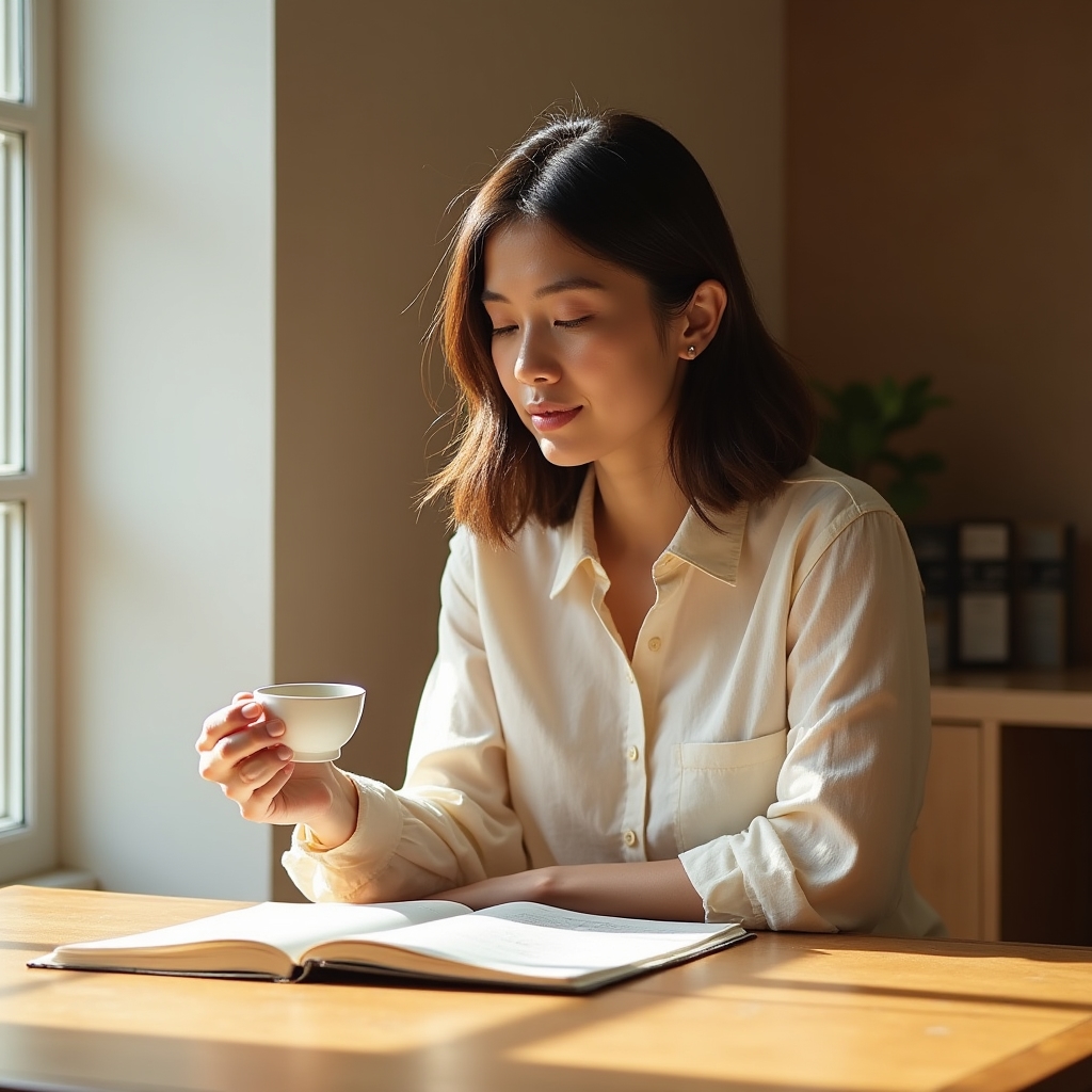 Person reviewing personal finances mindfully at a wooden desk with morning coffee