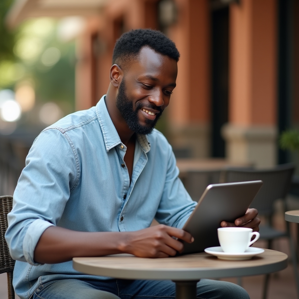 Man in casual business attire reviewing weekly finances on a tablet at an outdoor café table