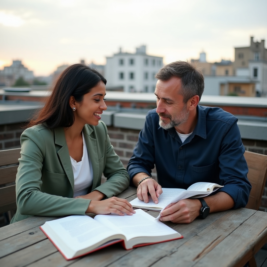 Two educators in their 30s discussing curriculum on a rooftop terrace with notebooks and natural light