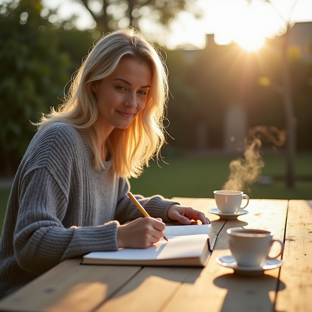 Person at an outdoor wooden table reviewing a weekly financial summary in a notebook, Sunday morning atmosphere with coffee